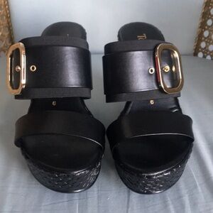 Toscanella black platform wedge slip on sandals size 6